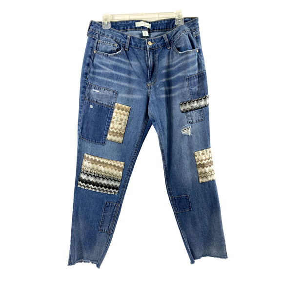 Est 1946 Denim Jeans Womens Size 14 Medium‎ Wash Denim Raw Hem Patches Distress - Picture 1 of 12